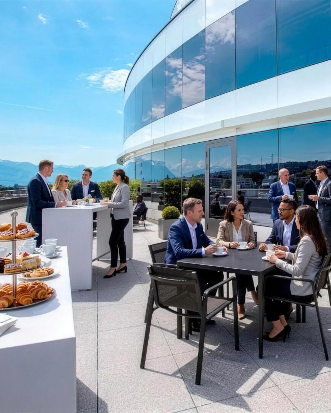Pause sur la terrasse privative du Centre conférences Exécutif, vue sur la région lémanique